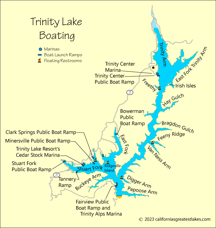  Trinity Lake boating and fishing map, CA