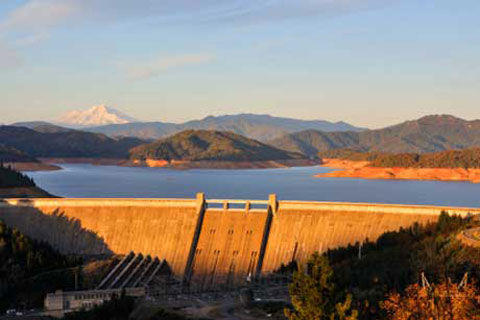 Shasta Lake, dam, and Mt. Shasta